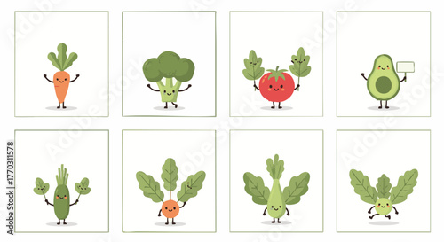 Cute Kawaii Vegetable Characters Flat Illustration Set