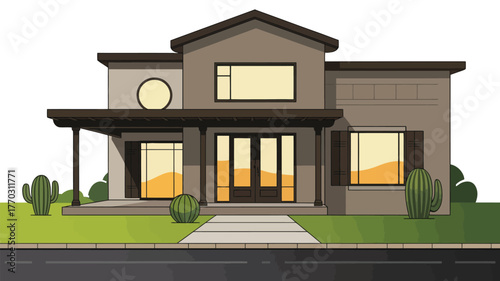 A modern house with a flat roof and a porch with cacti in the front yard on a sunny day scene