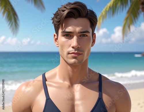 Handsome man posing on a beach, clear blue water and sky