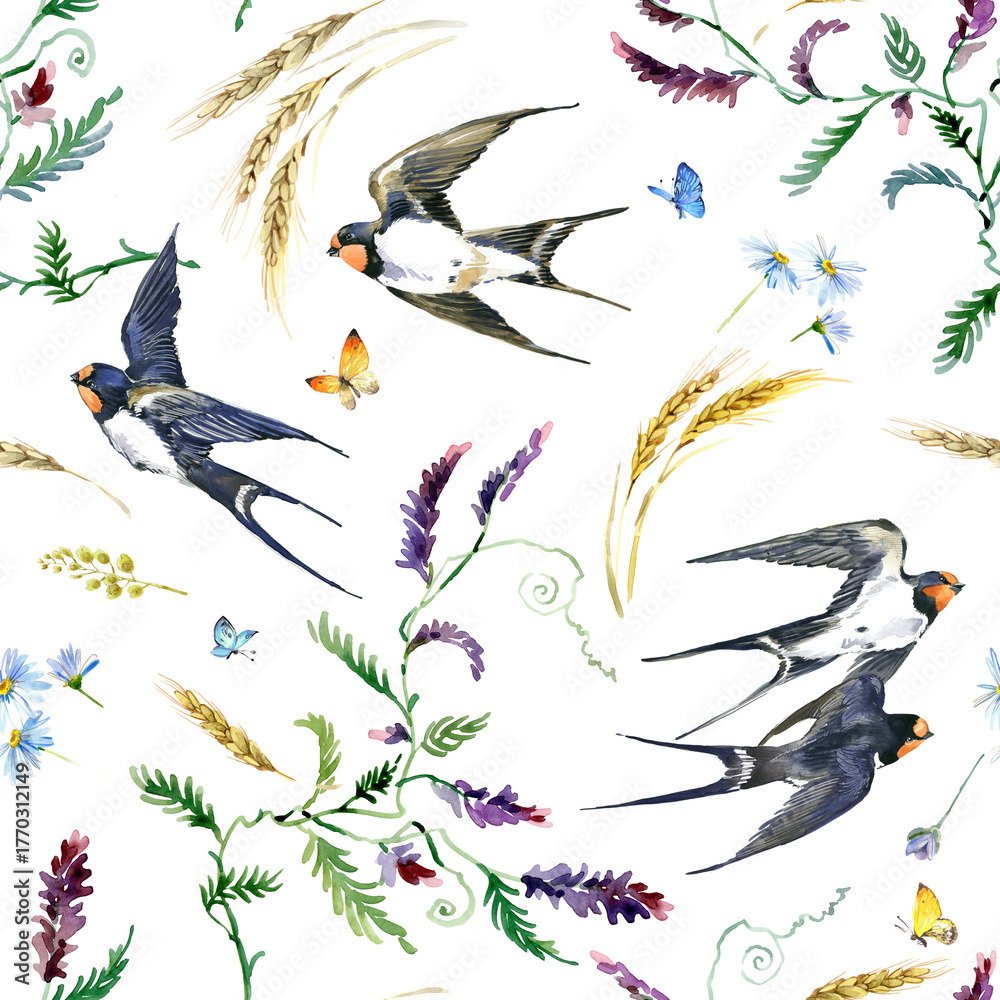 Obraz premium A delicate watercolor illustration of flying swallows and wildflowers, isolated on a clean white background. Perfect for spring themes, invitations, and romantic designs