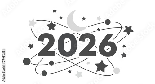 Year 2026 typography design with cosmic elements like stars, crescent moon and galaxy orbits on a white background