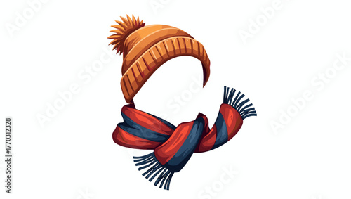 Orange woolen hat and red scarf combo isolated on white background, concept of warm winter clothing design