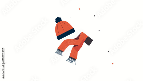 Winter hat and scarf combo in red and blue tones isolated on white background, concept of cozy cold season clothing