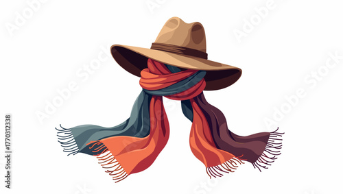 Stylish wide brim hat and scarf combo in warm brown and red shades isolated on white background, concept of autumn fashion style