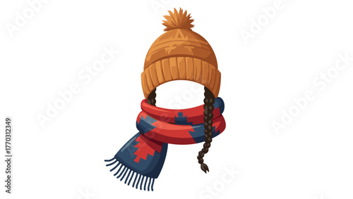 Knitted hat with braids and patterned scarf combo in orange and red colors isolated on white background, concept of winter coziness