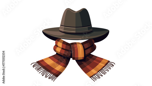 Classic dark hat and orange plaid scarf combo isolated on white background, concept of stylish autumn elegance