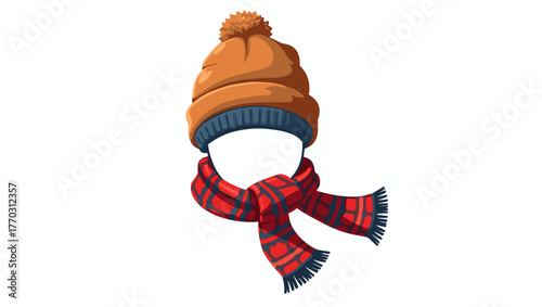 Brown hat and red plaid scarf combo isolated on white background, concept of rustic winter fashion