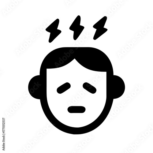 clear, solid black icon of a frowning person with pain signals above their head, representing headache, stress, or mental fatigue. Ideal for health blogs, medical content, or wellness articles