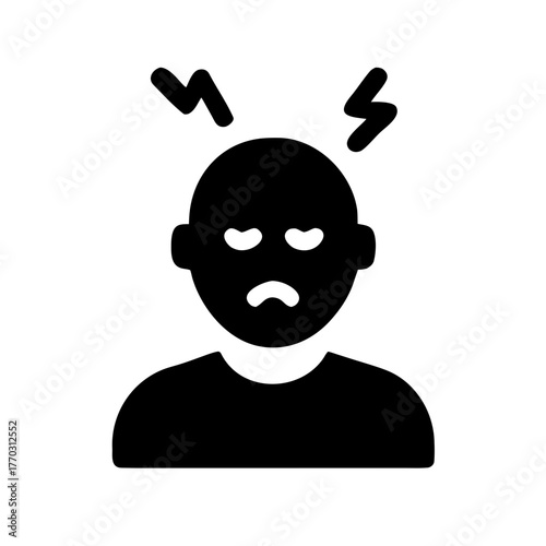 clear, solid black icon of a frowning person with pain signals above their head, representing headache, stress, or mental fatigue. Ideal for health blogs, medical content, or wellness articles