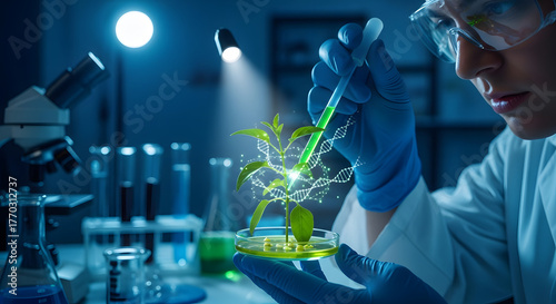 Scientist analyzing plant's DNA in lab with microscope and petri dish