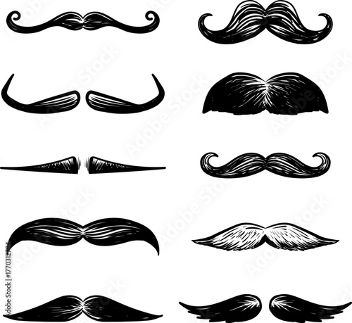Hand drawn sketch doodle vector mustache collection. Type mustache doodle vector set.