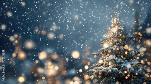 Snowy Christmas Scene with Lights on Pine Tree Captured in Winter Wonderland Atmosphere During Beautiful Holiday Celebration Evening