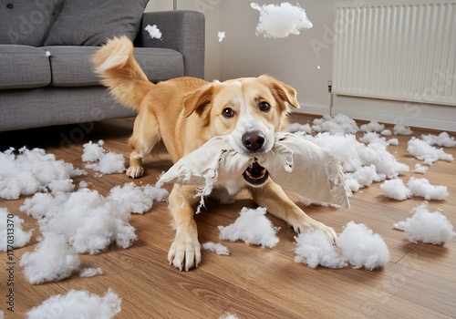 Guilty Dog Chewing Ripped Pillow Making Fluff Mess. Generative Ai