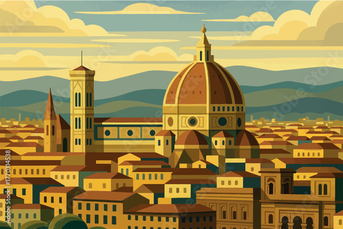 DrukowanieStylized Florence Cityscape. This vibrant illustration captures the heart of Florence, Italy, featuring the iconic red dome of Santa Maria del Fiore and Giotto’s Campanile.