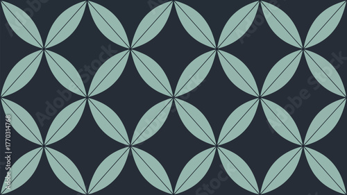 Repeating pattern of light green leaf shapes overlapping on a dark blue background forming a grid like design