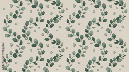 A seamless pattern with green leaves on winding stems and small dots on a light beige background design