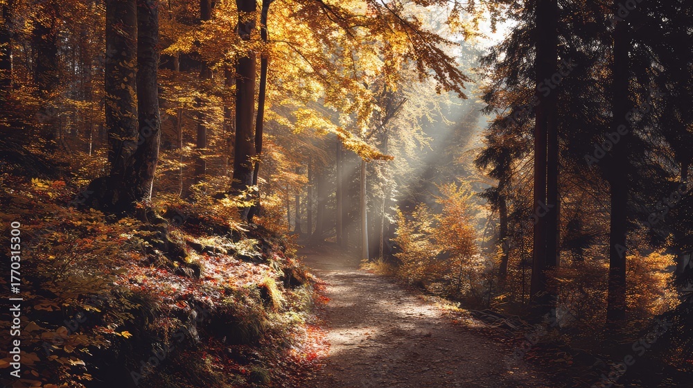 Obraz premium Serene Autumn Forest Path Illuminated by Golden Sunshine Filtering Through Vibrant Fall Foliage, Creating a Magical Atmosphere of Nature's Beauty and Tranquility
