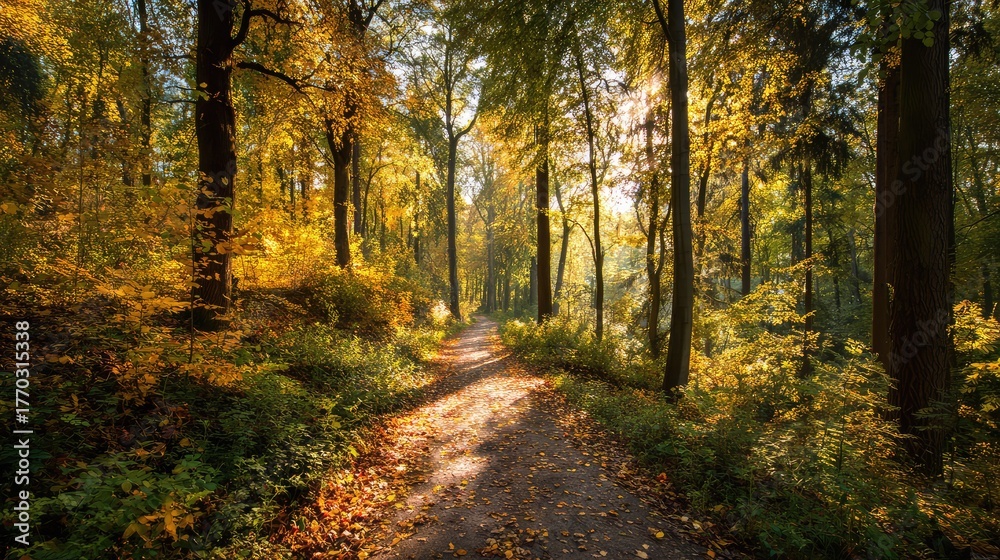 Obraz premium Serene Autumn Forest Pathway Illuminated by Sunlight Through Colorful Trees Creating a Tranquil Natural Landscape Ideal for Outdoor Photography