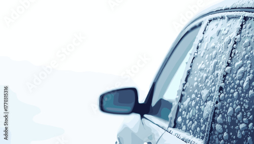 Sleet on car window with ice crystals on glass and reflection of snowy landscape concept of winter chill and moisture