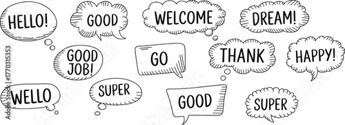 Hand-drawn speech bubbles, positive words, cartoon-style sketches, motivational expressions, comic dialogue shapes, black and white vector, encouragement design elements