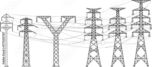 High-voltage transmission tower set, electrical power line illustration, engineering infrastructure vector, lattice and monopole designs, black and white energy distribution system