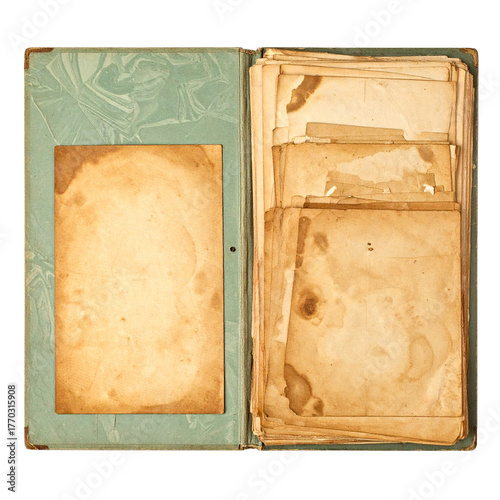 Vintage Memories in Album: An open antique photo album filled with aged, weathered pages and nostalgic pictures, evoking a sense of history, heritage, and the passage of time.