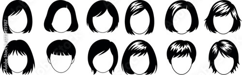 Set of twelve silhouette face shapes with different hairstyles black and white