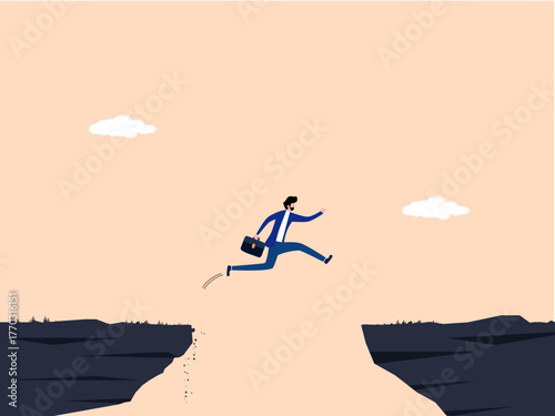 Businessman jumps over a gap in the cliff to escape danger