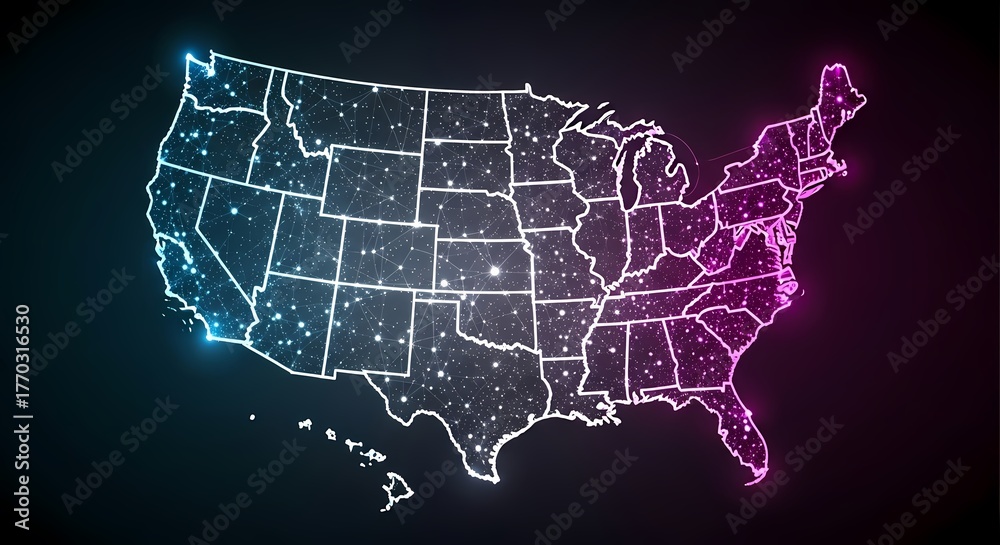 Obraz premium Futuristic glowing digital USA map with blue and red neon lights showing data network connections across states, modern technology background concept for innovation, communication and global business.