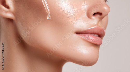Macro shot of asian female jawline with glowing skin serum dropper applying facial oil smooth complexion healthy skincare natural beauty closeup soft lighting fresh radiant youthful