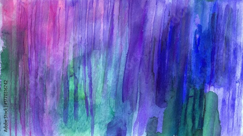 Vibrant abstract watercolor painting with fluid purple and green strokes.