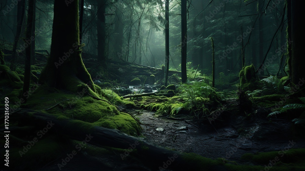 Fototapeta premium A mystical and ancient forest path winding through moss-covered trees with a soft, ethereal glow