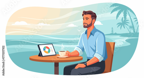 Businessman Enjoying Coffee And Analyzing Charts Near Tropical Beach