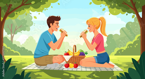 Cheerful Couple Enjoying A Summer Picnic In The Park