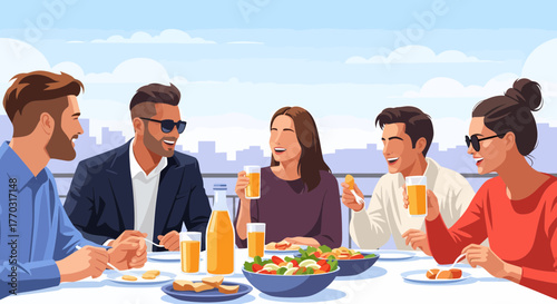 Cheerful Friends Enjoying A Meal And Drinks Together On A Terrace