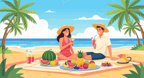 Couple Enjoying A Tropical Beach Picnic With Fresh Fruit And Drinks