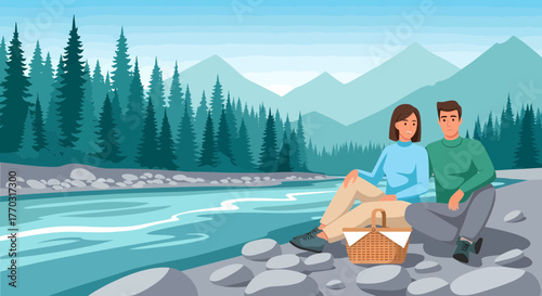 Couple Enjoying Relaxing Picnic By The River In Mountain Landscape