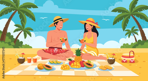 Couple Enjoying Tropical Fruit Picnic On Sunny Beach Vacation