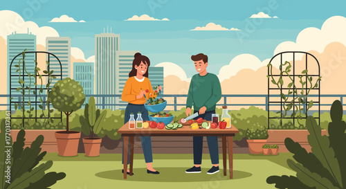 Couple Preparing Salad On Rooftop Garden With Cityscape View