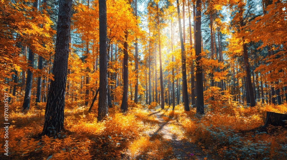 Fototapeta premium Stunning Autumn Forest Scene with Vibrant Orange Foliage and Sunlight Filtering Through Pine Trees in a Serene Natural Landscape