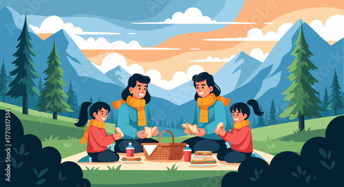 Family Enjoying Outdoor Picnic With Breathtaking Mountain View