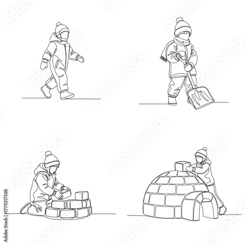 Kids playing in snow and building an igloo in winter landscape  