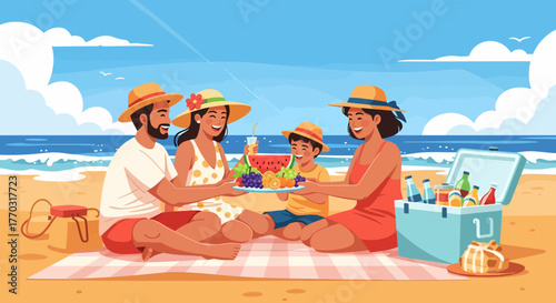 Happy Family Enjoying Picnic Together On Sunny Beach Vacation