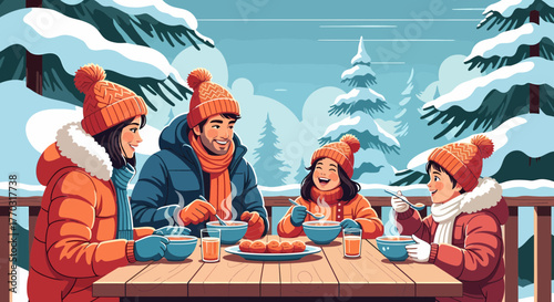 Happy Family Enjoying Winter Meal Outdoors In Snowy Landscape