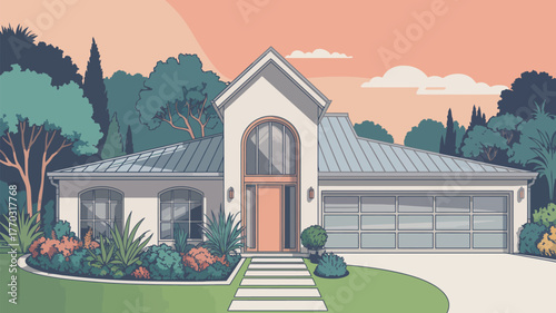 Illustration of a single story house with a garage and garden under a pastel colored sky
