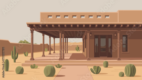 A desert home with a porch and cacti in the yard under a bright sky on a sunny day in the southwest