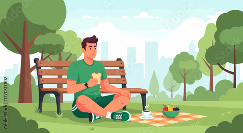 Man Enjoying Picnic In City Park On A Sunny Day