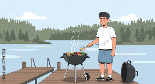 Man Grilling Vegetable Skewers On A Dock By The Lake In Summer