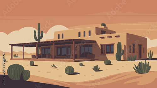 Illustration of a desert house with cacti and a porch on a sandy landscape under a hazy sky