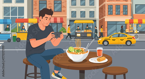 Man Taking Photo Of Noodles With Street Food Vending Background